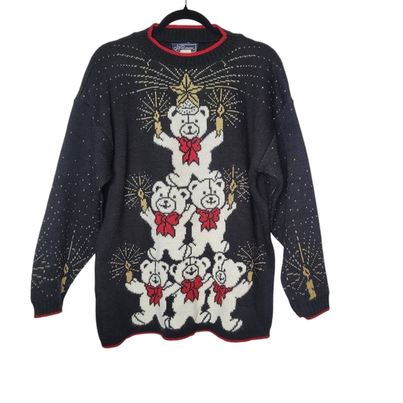 Vintage JJ Browne Christmas Holiday Black Gold Sweater Teddy Bears Size Large - Picture 1 of 13